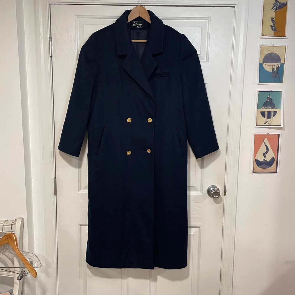Womens M L Wool Trench Coat VTG Loring Forstmann Double Breasted‎ Navy Overcoat